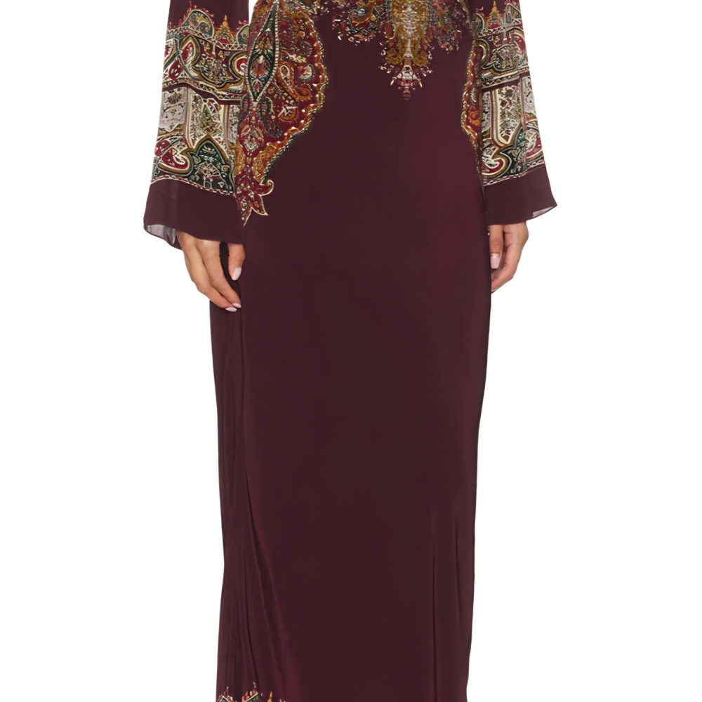 Chic Burgundy Paisley Long Sleeve Dress
